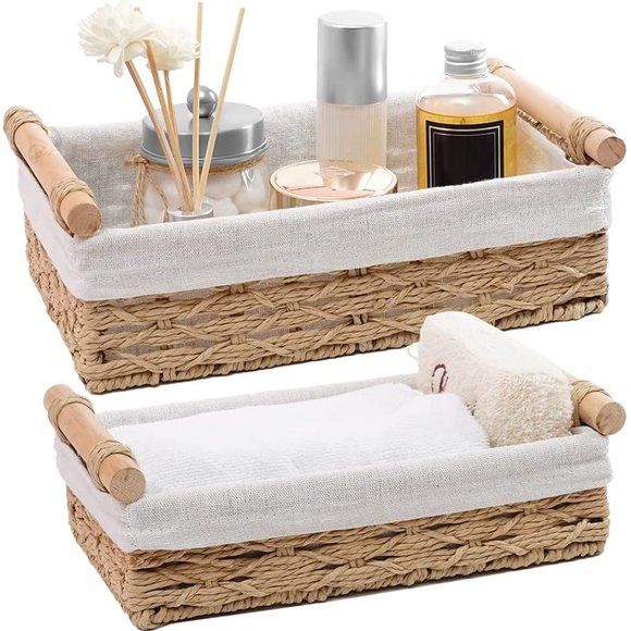 Set OF 2 Beige Rope Wicker Storage Baskets with Handles Decorative Storage Bins - Picture 1 of 10